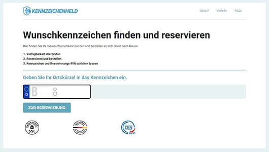Wunschkennzeichen-Reservierung - Website-Screenshot